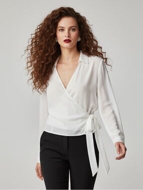 Another Story White Tie-Front Wrap Blouse Long Sleeve Sheer Size XL
